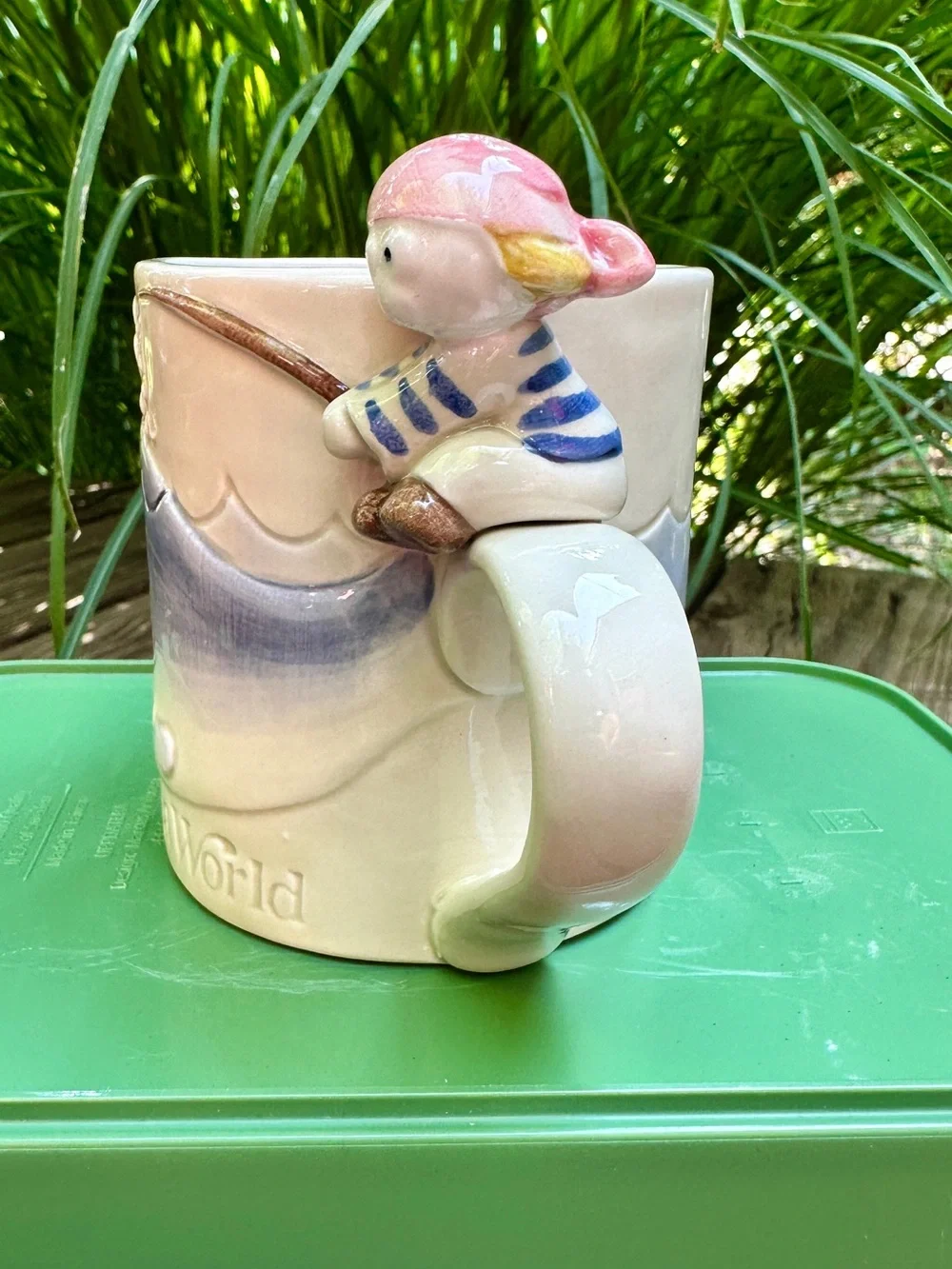 Vintage SeaWorld Ceramic Mug 3D Blue Whale & Fishing Sailor On Handle